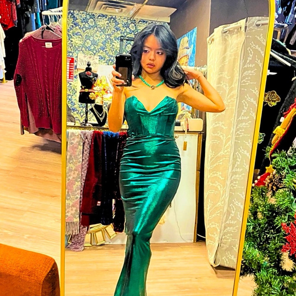 Mermaid style bodycon teal metallic dress